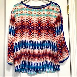 Boutique aztec print blouse with blue piping in L